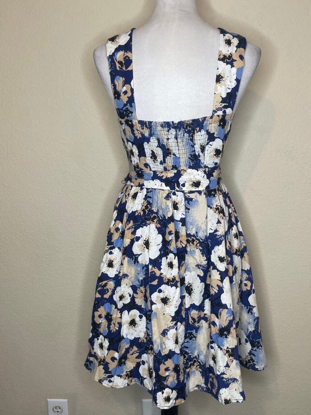 Lulus Navy Floral Linen Bustier Mini Dress XL Belted Cottagecore Sundress - Picture 5 of 12